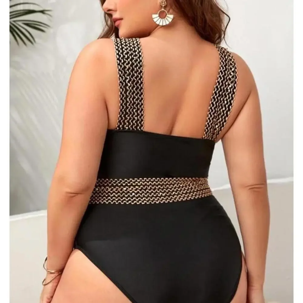 Women's Swimsuit Black and Gold One Piece with Matching Shorts - Size 3XL NWOT - Picture 2 of 10